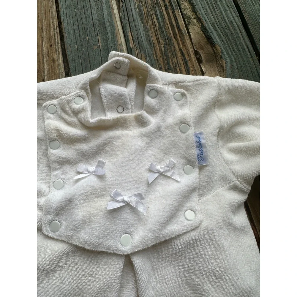 Patachou White Terry Cloth Footed Sleeper Bib Front Bows Infant Baby